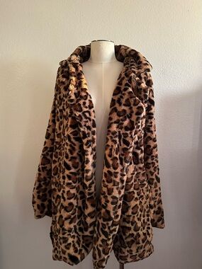 Leopard Print Faux Fur Coat - Brown